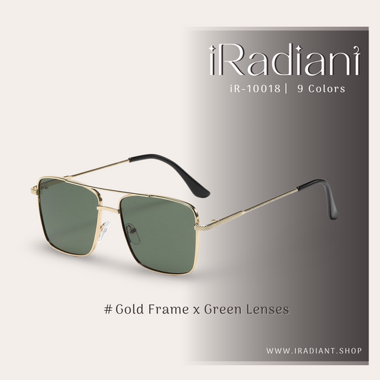 iR-10018-I ︳iRadiant Double Bridge Metal Design Shades  ︳Unisex ︳Gold Frame x Green Lenses