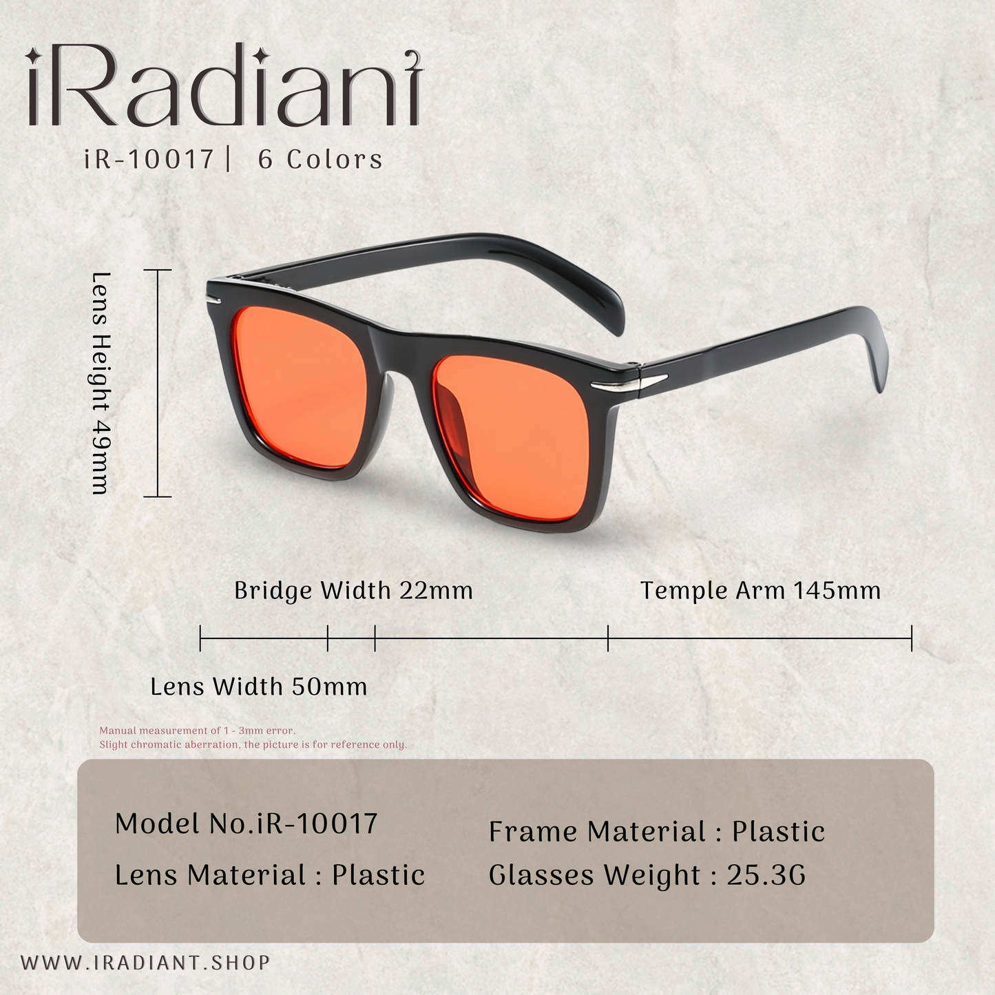 iR-10017-C ︳iRadiant Classic Retro Frame Shades  ︳Unisex ︳Bright Black Frame x Red Lenses