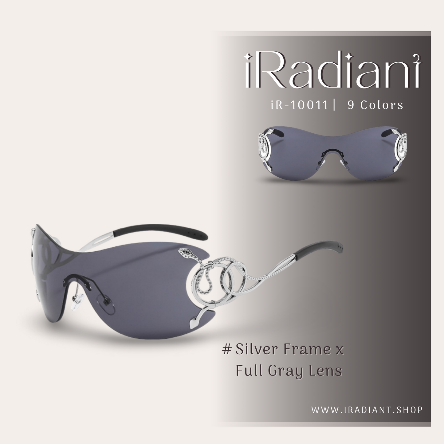 iR-10011-A ︳iRadiant Rimless Snake Design Shades ︳For Women's ︳Silver Frame x Full Gray Lens