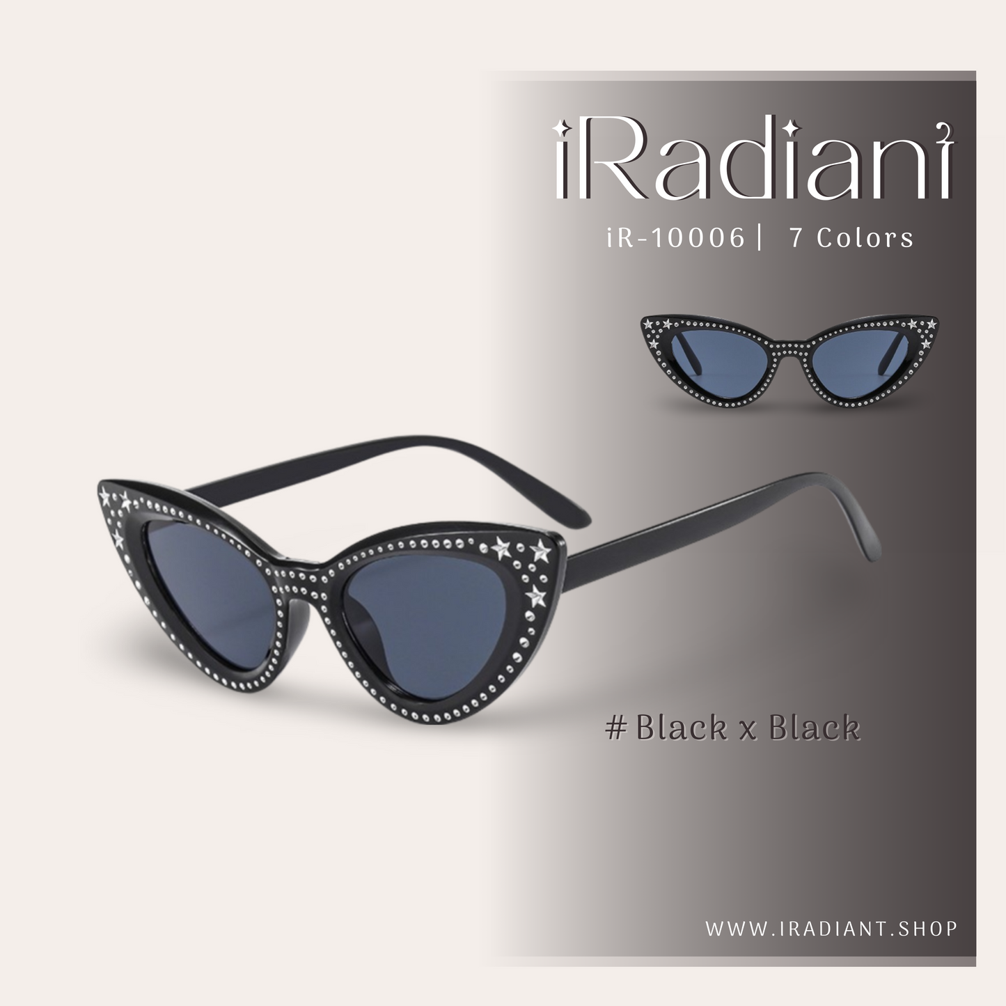 iR-10006-A ︳iRadiant Star & Rhinestone Cat Eye Shades ︳For Women's ︳Black x Black
