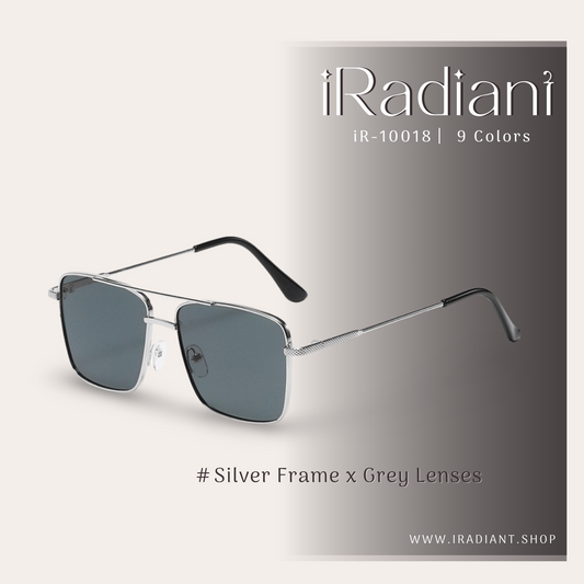 iR-10018-A ︳iRadiant Double Bridge Metal Design Shades  ︳Unisex ︳Silver Frame x Grey Lenses