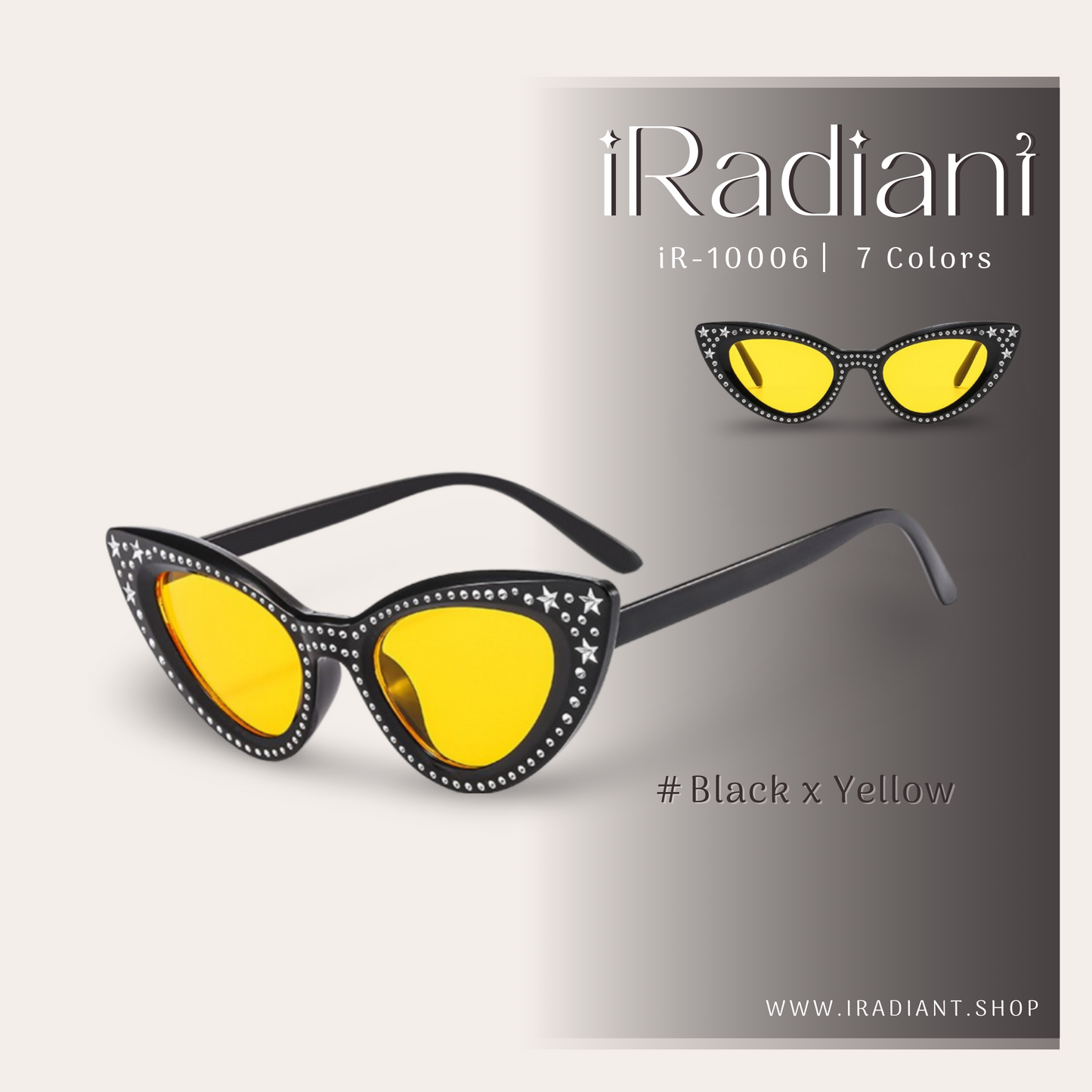 iR-10006-B ︳iRadiant Star & Rhinestone Cat Eye Shades ︳For Women's ︳Black x Yellow