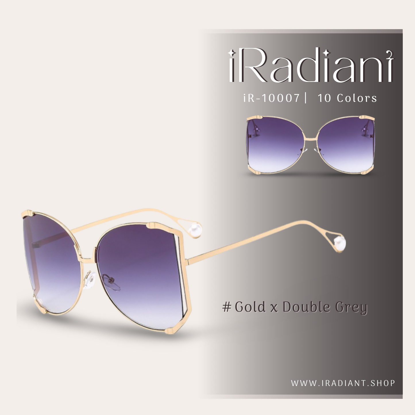 iR-10007-B ︳iRadiant Semi-Rimless With Pearls Design Temple Arm Shades ︳For Women's ︳Gold x Double Grey