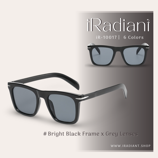 iR-10017-A ︳iRadiant Classic Retro Frame Shades  ︳Unisex ︳Bright Black Frame x Grey Lenses