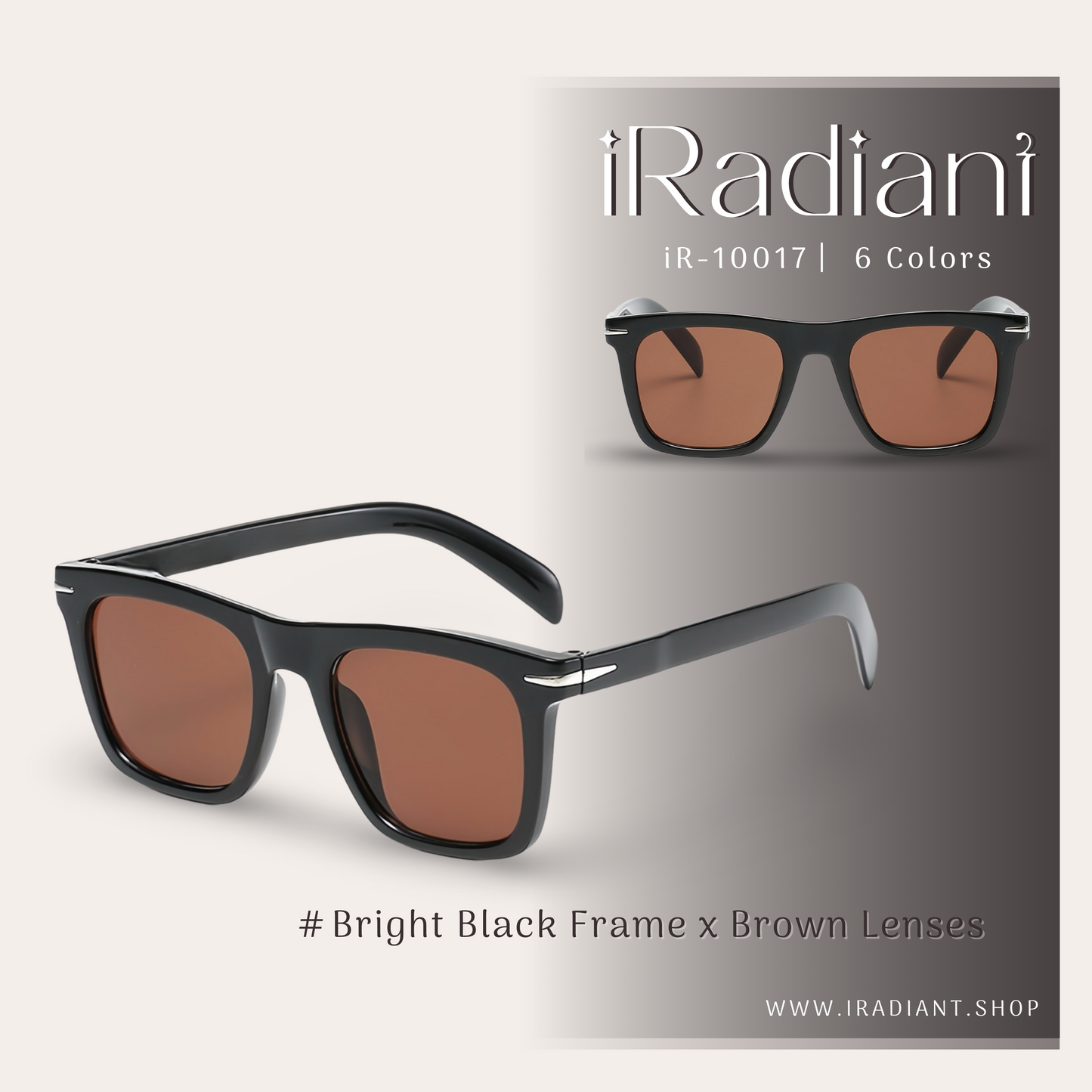 iR-10017-B ︳iRadiant Classic Retro Frame Shades  ︳Unisex ︳Bright Black Frame x Brown Lenses