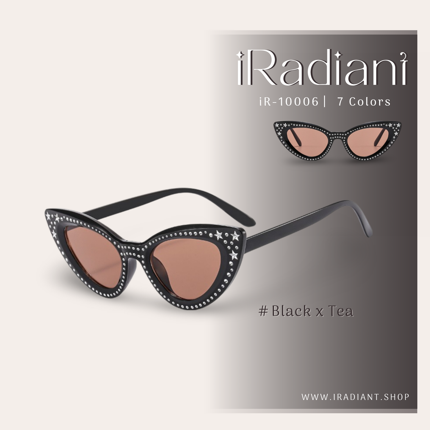 iR-10006-C ︳iRadiant Star & Rhinestone Cat Eye Shades ︳For Women's ︳Black x Tea