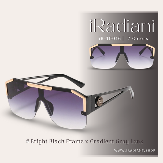 iR-10016-B ︳iRadiant Lion Head Hollow Frame Design One-Piece Shades  ︳For Women's ︳Bright Black Frame x Gradient Gray Lens