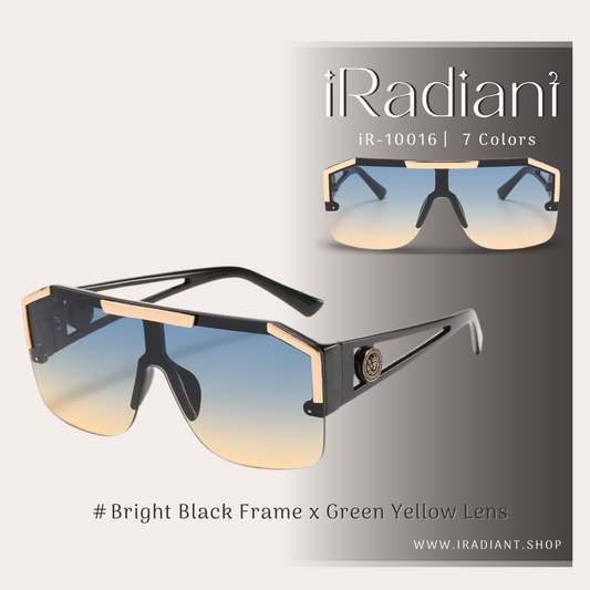 iR-10016-C ︳iRadiant Lion Head Hollow Frame Design One-Piece Shades  ︳For Women's ︳Bright Black Frame x Green Yellow Lens