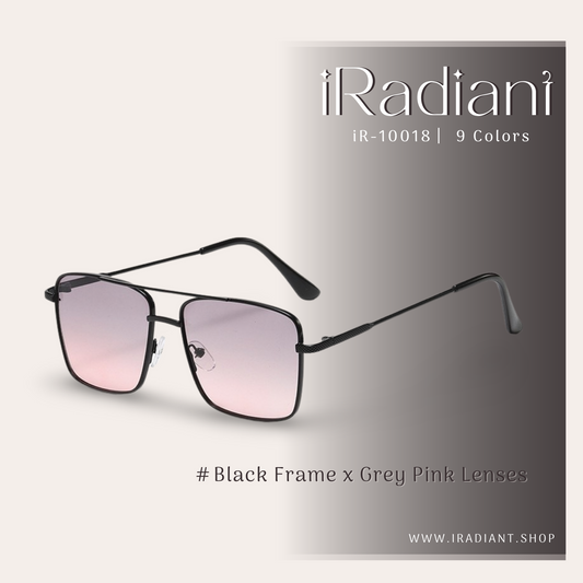 iR-10018-E ︳iRadiant Double Bridge Metal Design Shades  ︳Unisex ︳Black Frame x Grey Pink Lenses