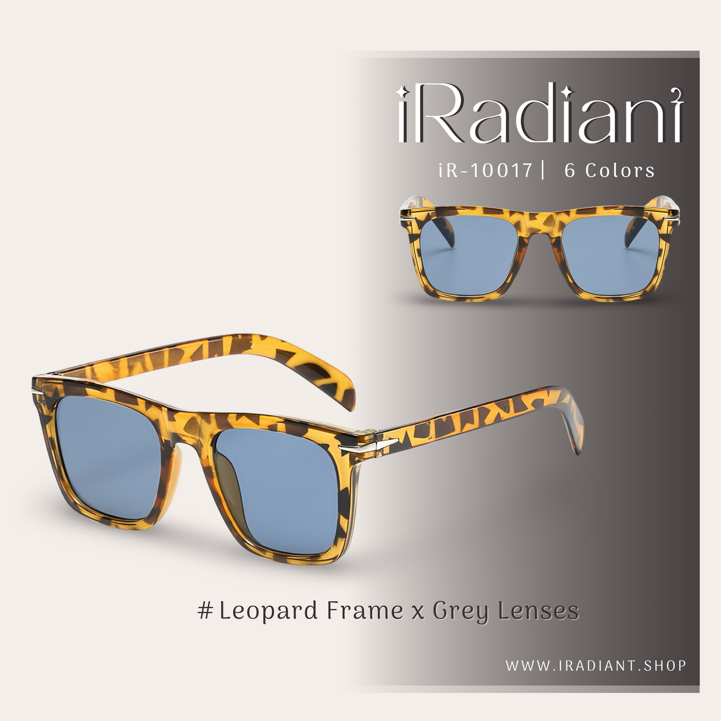 iR-10017-F ︳iRadiant Classic Retro Frame Shades  ︳Unisex ︳Leopard Frame x Grey Lenses .