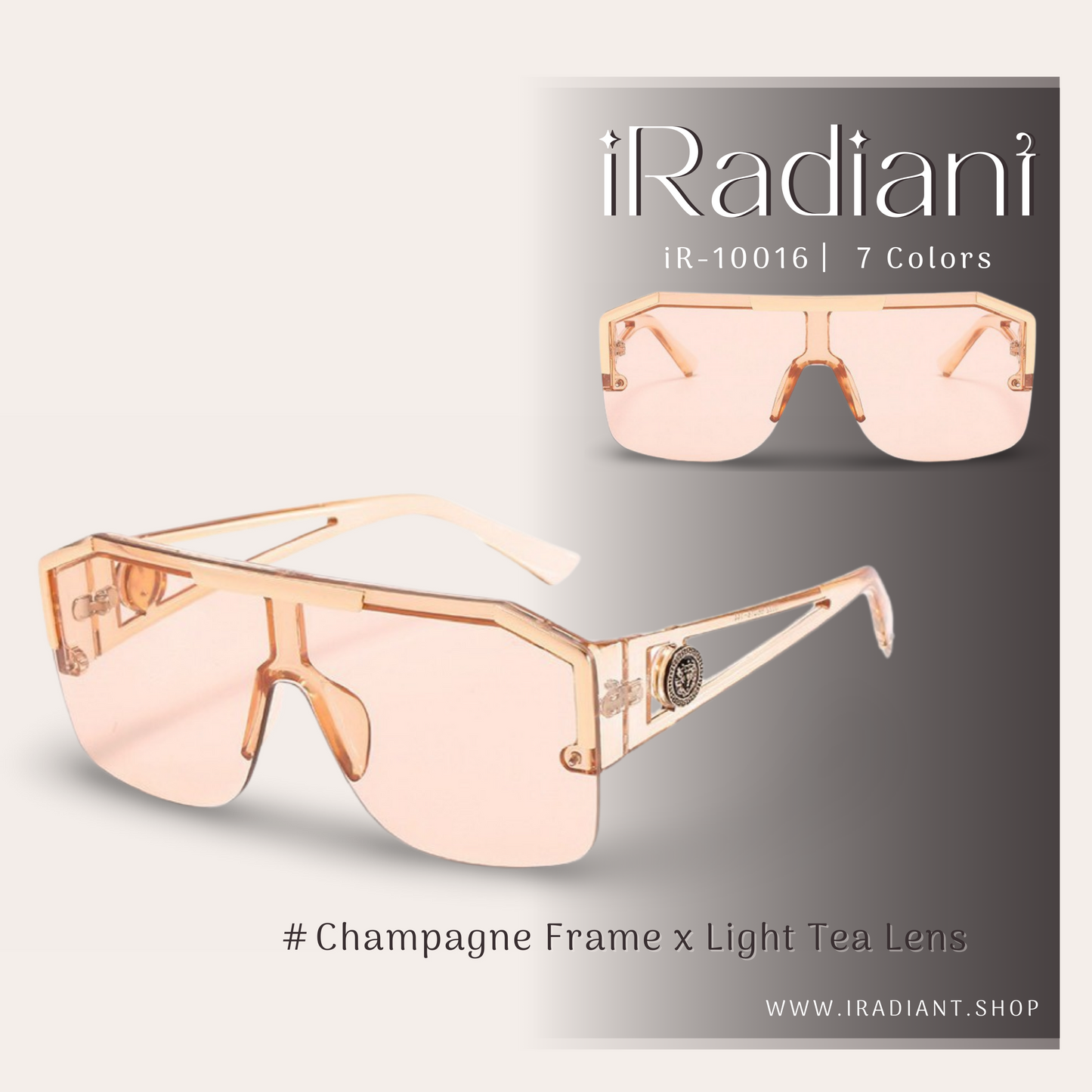 iR-10016-F ︳iRadiant Lion Head Hollow Frame Design One-Piece Shades  ︳For Women's ︳Champagne Frame x Light Tea Lens