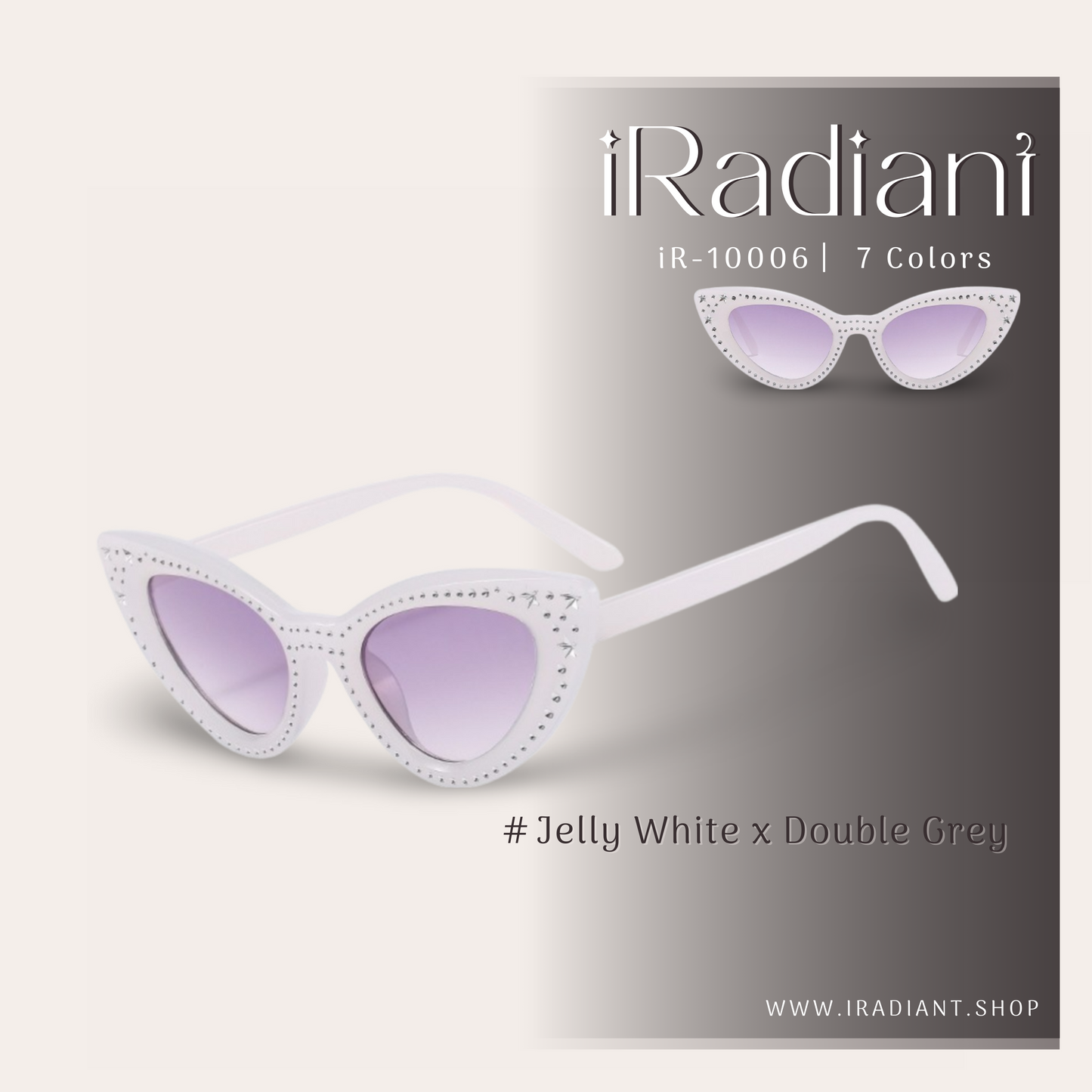 iR-10006-G ︳iRadiant Star & Rhinestone Cat Eye Shades ︳For Women's ︳ Jelly White x Double Grey