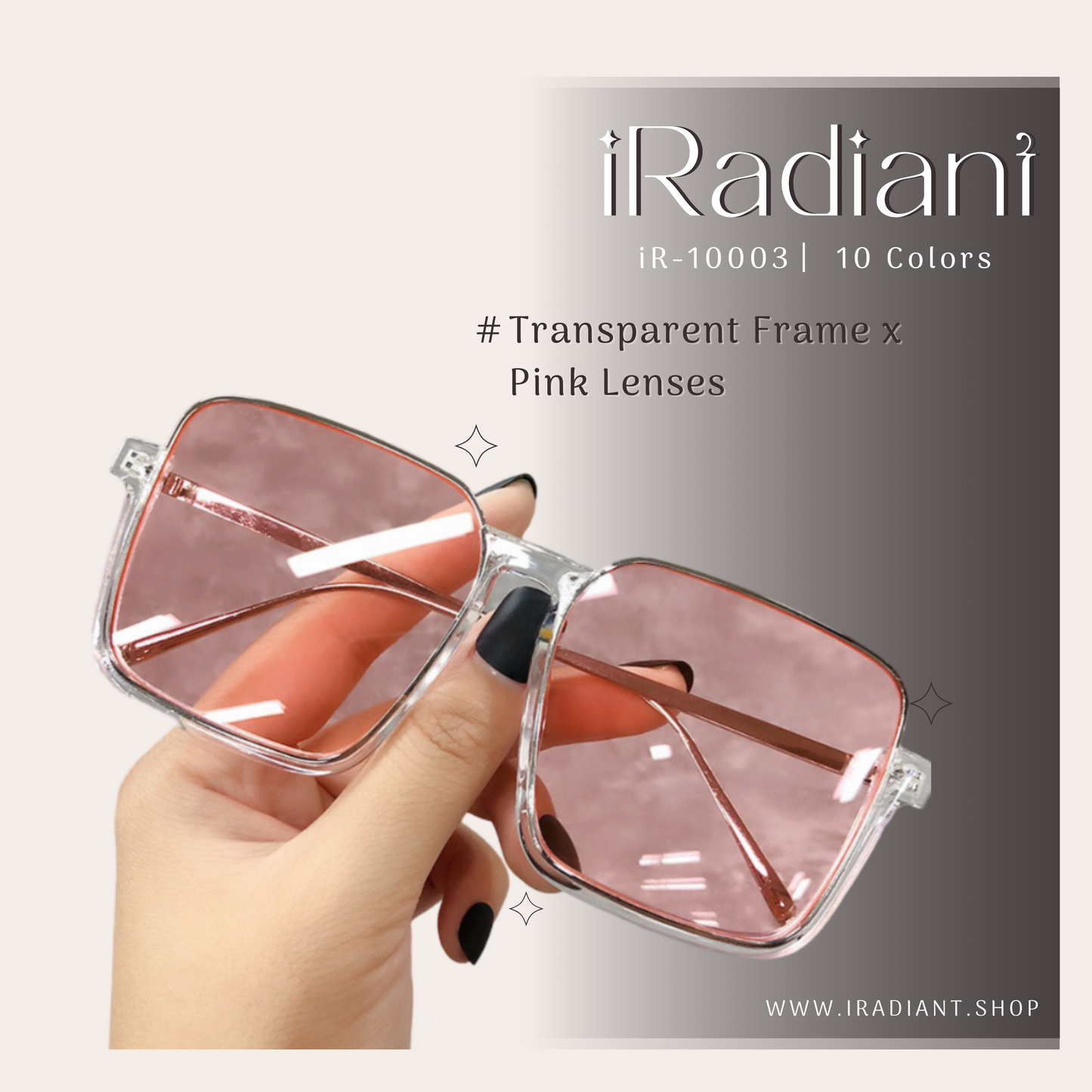 iR-10003-H ︳iRadiant Semi-Rimless Square Frame Shades ︳Unisex ︳Transparent Frame x Pink Lenses