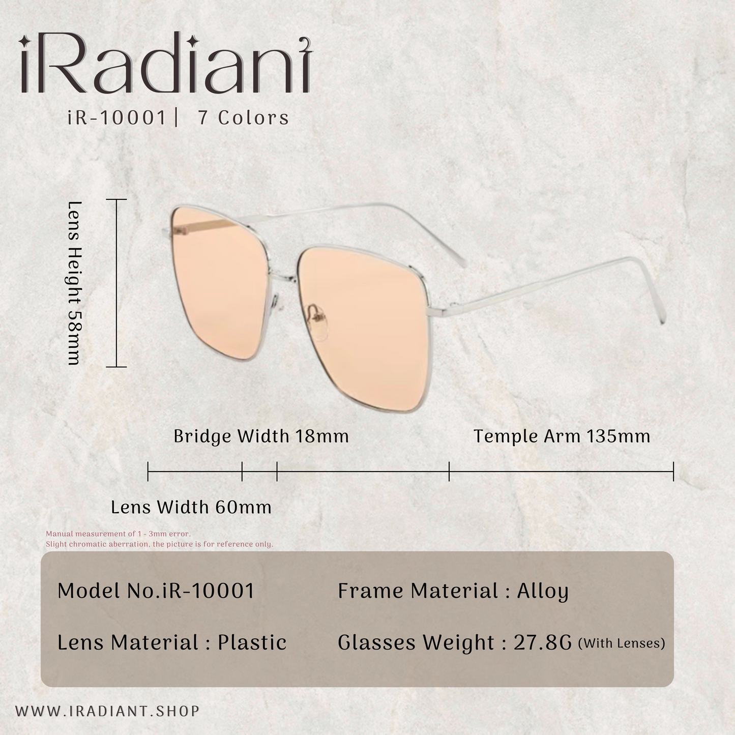 iR-10001-A ︳iRadiant Retro Alloy Square Frame Shades ︳Unisex ︳Transparent Brown
