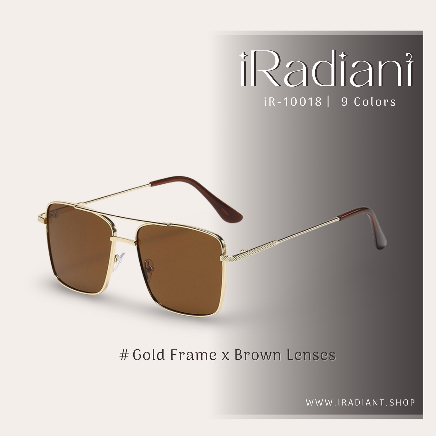 iR-10018-H ︳iRadiant Double Bridge Metal Design Shades  ︳Unisex ︳Gold Frame x Brown Lenses